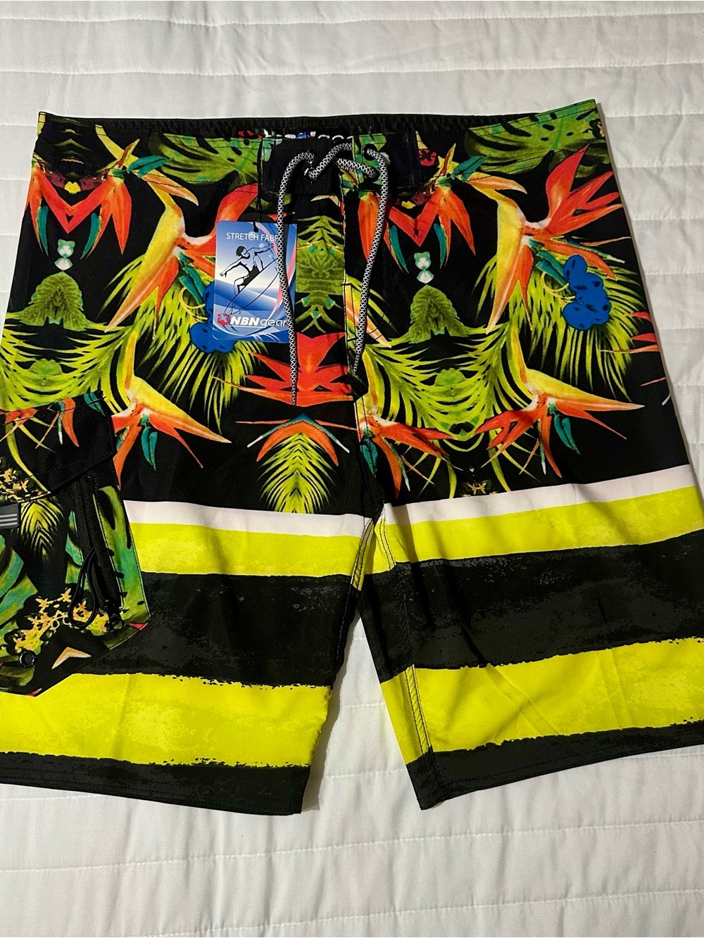 Ingear Black Tropical Swim Board Shorts with Neon Yellow Stripes